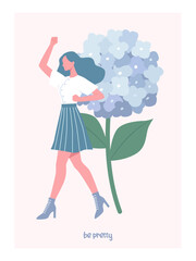 Beautiful spring illustration with girl and flower. Vector design for cards and other uses