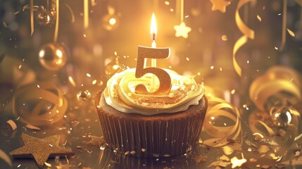 Celebrate with a golden candle number 5 in a cupcake