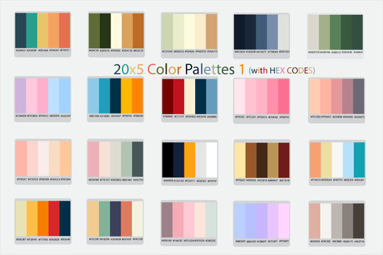 20x5 Color Palettes 1 with Hex Codes Vector, Discover 20 Sets of Vibrant Vector Color Palettes - 5 Unique Colors Each for Stylish Designs: Light, Dark, Vintage, Retro Inspirations, New