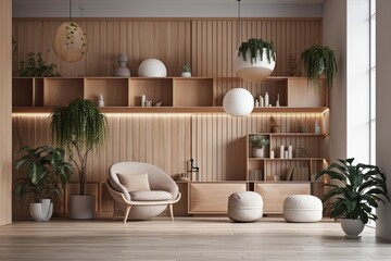 Interior design of a modern room with a pouf, bookcases, plants, and chairs