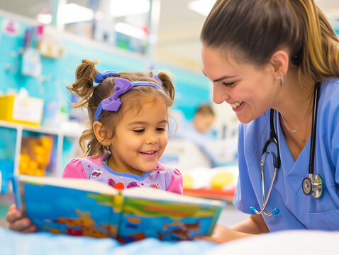Female nurse reading a story to a delighted little girl in pediatric unit. Child health and education concept for hospital literature and promotional material. Bright and engaging imagery