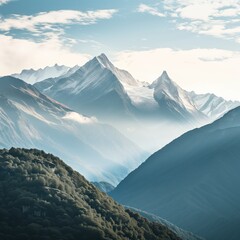 Beautiful mountains peaks view with clouds