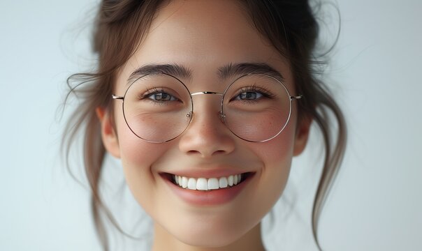 Head shot happy portrait young asian woman in glasses - millennial brunette girl with healthy white toothy smile