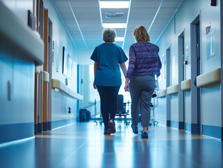 Rear view of two people walking through hospital corridor. Healthcare and support concept for design and website imagery. Real-life scene with motion and depth of field
