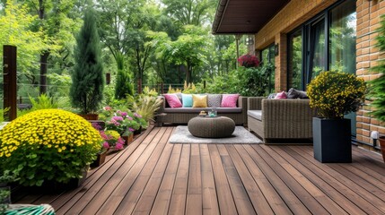 Stylish Terrace with Wood Deck Flooring - obrazy, fototapety, plakaty