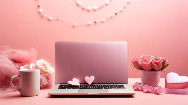 Modern laptop computer with love heart screen on wooden table over blur red background, Business internet dating online, Valentines day concept
