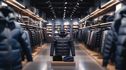 Fototapeta premium Large empty stand mockup for advertising in a store with men's jackets