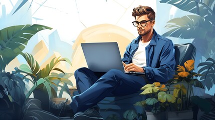 Man working while traveling. Concept illustration for working, studying, education, remote work.