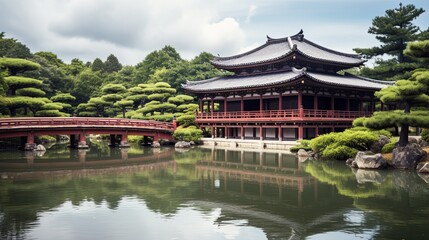 Fototapeta premium A Building With a Bridge Over a Body of Water