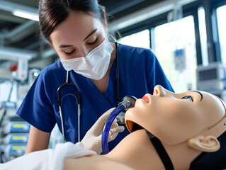 Medical student practicing intubation on a training mannequin in a simulation lab. Healthcare education and emergency medical training concept for academic resources and medical literature - obrazy, fototapety, plakaty