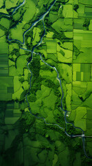 Aerial view of green fields, crops and harvests. Natural landscape.
