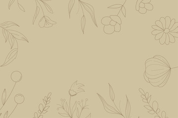 Botanicalhand drawn line flowers and leaves bakground. Floral foliage for wedding invitation, wall art or card template. Vector illustration