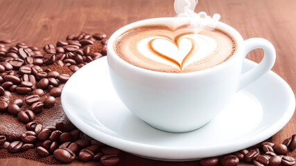 Coffee with foam in the shape of a heart. White coffee cup with hot coffee drink, hot steam