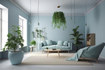 pale blue The living room is furnished with plants, trees, and lighting