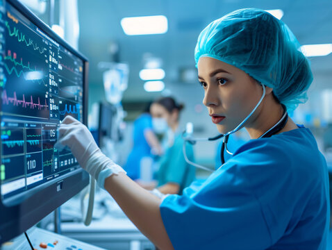 Focused nurse monitoring critical patient vital signs on a medical monitor in a high-tech hospital ward. Intensive care and medical technology concept for healthcare design and informative articles