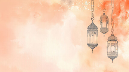 Hand-drawn Arabic Ramadan lanterns and Islamic ornaments grace a peach watercolor backdrop for a Ramadan greeting card template, offering free copy space