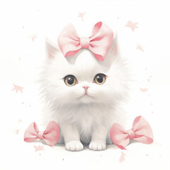 Fototapeta premium Cute white watercolor kitten with pink bows