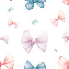 Seamless pattern of beautiful watercolor pastel bows on white background