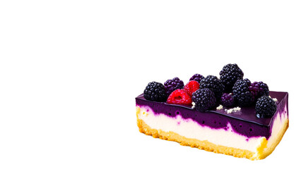 Piece of Berry Cheesecake isolated on white, with copy space. Banner with delicious dessert, for design. Cheesecake with blackberry and raspberry