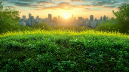 Panorama view from a green hill on a city at sunset - Powered by Adobe
