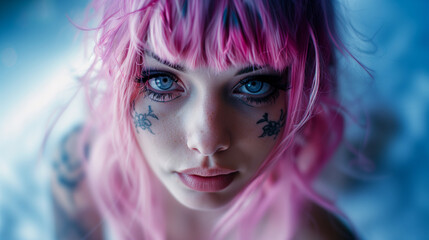 Closeup of a woman with pink hair and tattooes in her face