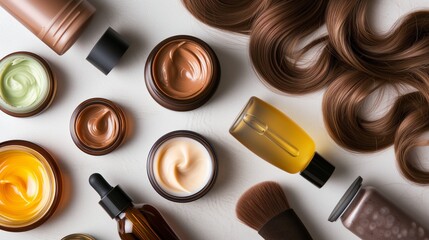 A comprehensive hair care treatment concept showcasing a variety of products including hydrating masks, nourishing shampoos, smoothing conditioners, potent hair serums, and organic oils