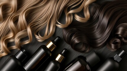 A comprehensive hair care treatment concept showcasing a variety of products including hydrating masks, nourishing shampoos, smoothing conditioners, potent hair serums, and organic oils