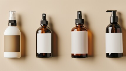 Variety of hair treatment products, including shampoos, conditioners, serums, and masks, arranged neatly against a clean background, representing hair care and beauty cosmetics.