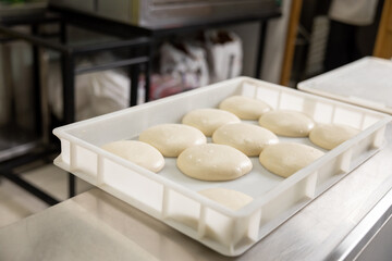 Fototapeta na wymiar Close up of round dough pieces for pizza preparation