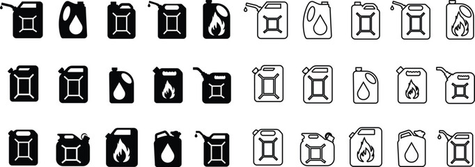 Jerrycan, canister icon in flat, line style set isolated on transparent background. petrol, gasoline, fuel or oil can symbol. black diesel plastic empty water canister vector for apps, website