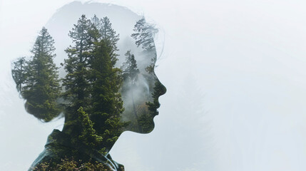 In this double exposure portrait, a woman's face intertwines with nature, forest trees morph into her features. The result is an artistic portrayal of beauty and tranquility
