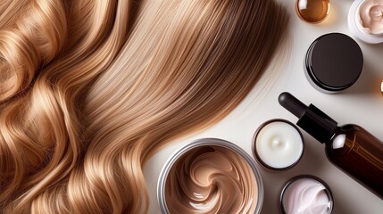 A comprehensive hair care treatment concept showcasing a variety of products including hydrating masks, nourishing shampoos, smoothing conditioners, potent hair serums, and organic oils - obrazy, fototapety, plakaty
