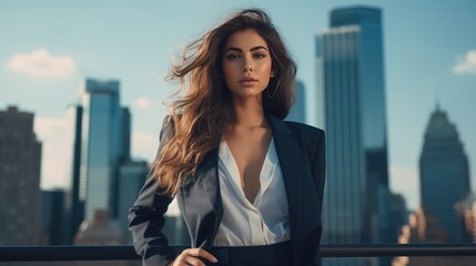 A confident and fashionable young woman, striking a pose, city skyline in the background