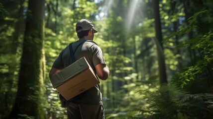 Fototapeta premium A courier holding a parcel box in a lush green forest, with sunlight filtering through the trees