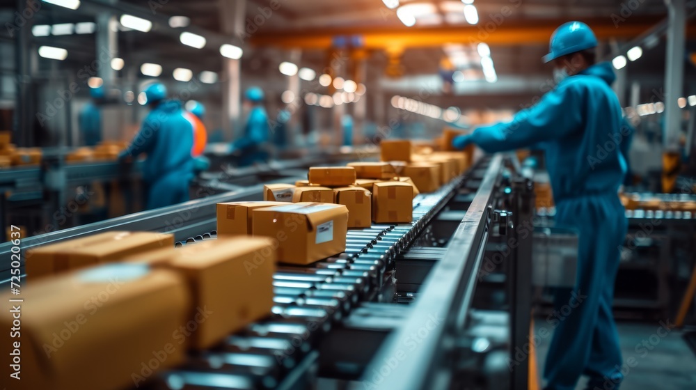 Aufkleber workers in protective uniform and helmets checking and sorting packages on conveyor belt in warehous