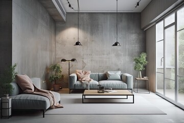 Modern living room with warm interior design and texture of concrete wall