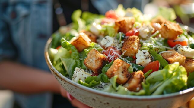 Close-up of ceramic bowl with delicious Caesar salad. Classic Italian salad with green Romano leaves, chicken fillet, Parmesan cheese, homemade croutons and dressing.