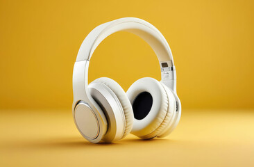 Naklejka premium white bluetooth headphones on a yellow background, advertising banner