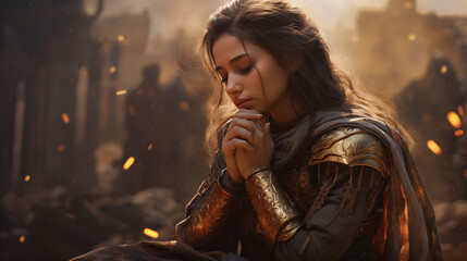 A beautiful female warrior princess, prays for an upcoming battle a true prayer warrior - obrazy, fototapety, plakaty