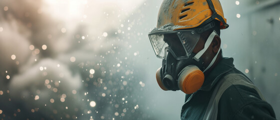 A worker clad in safety gear braves a dusty environment, a gritty scene of industrial labor - obrazy, fototapety, plakaty