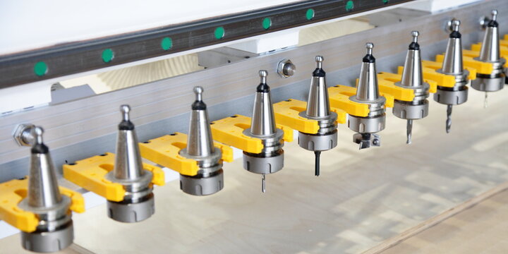 Beautiful cone collet holders with wood cutters in cassette for CNC milling machine - Woodworking manufacturing plant equipment