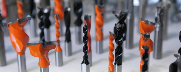 Many Wood cutters bits for CNC milling machine. Woodworking tools for Cone collet holders © Ilya