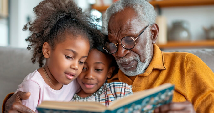 Two girls and a grandfather reading a book in the living room. family story, generational change. Generative AI