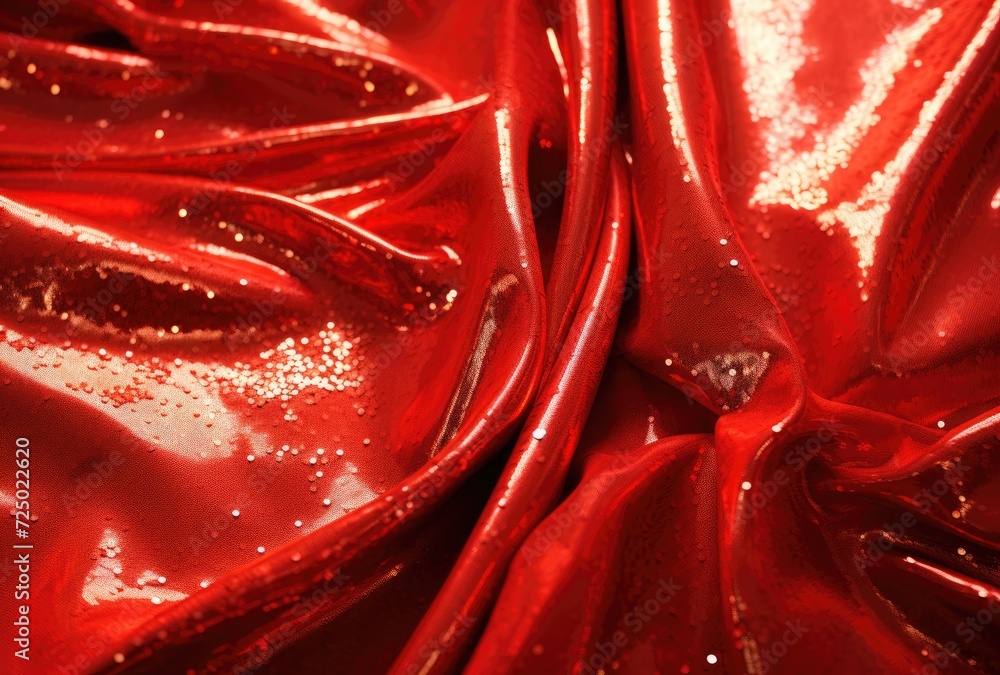 Poster bright red sequins adorned with glitter, creating a vibrant fabric texture background.