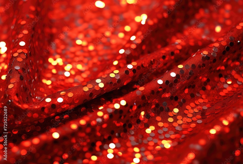 Poster bright red sequins adorned with glitter, creating a vibrant fabric texture background.