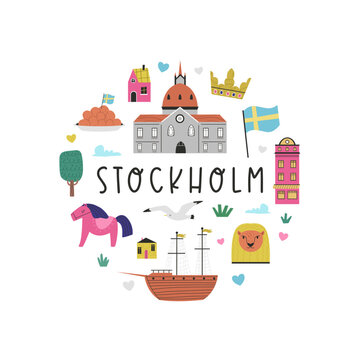 Colorful image, frame art, circle design with animals, landmarks, symbols of Stockholm city, Sweden