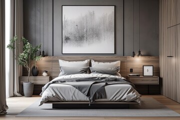A contemporary bedroom's interior features a snug king bed, two bedside tables, and gray and wooden walls. fake vertical poster frame
