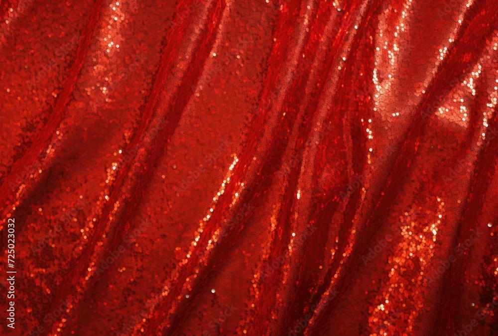 Poster bright red sequins adorned with glitter, creating a vibrant fabric texture background.