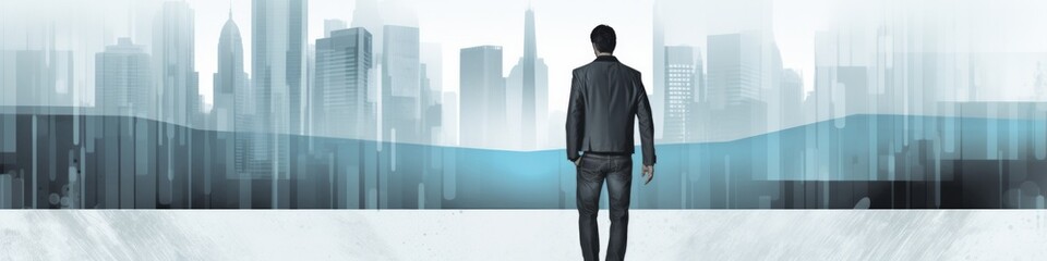Fototapeta premium Urban Chic Contrast: A silhouette person against an urban backdrop, creating a modern and dynamic banner with a clear space for text