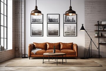 In the inside of a living room with a brown leather couch, carpet, floor lamp, and coffee table on hardwood flooring, there are three blank vertical posters on a white brick wall - obrazy, fototapety, plakaty